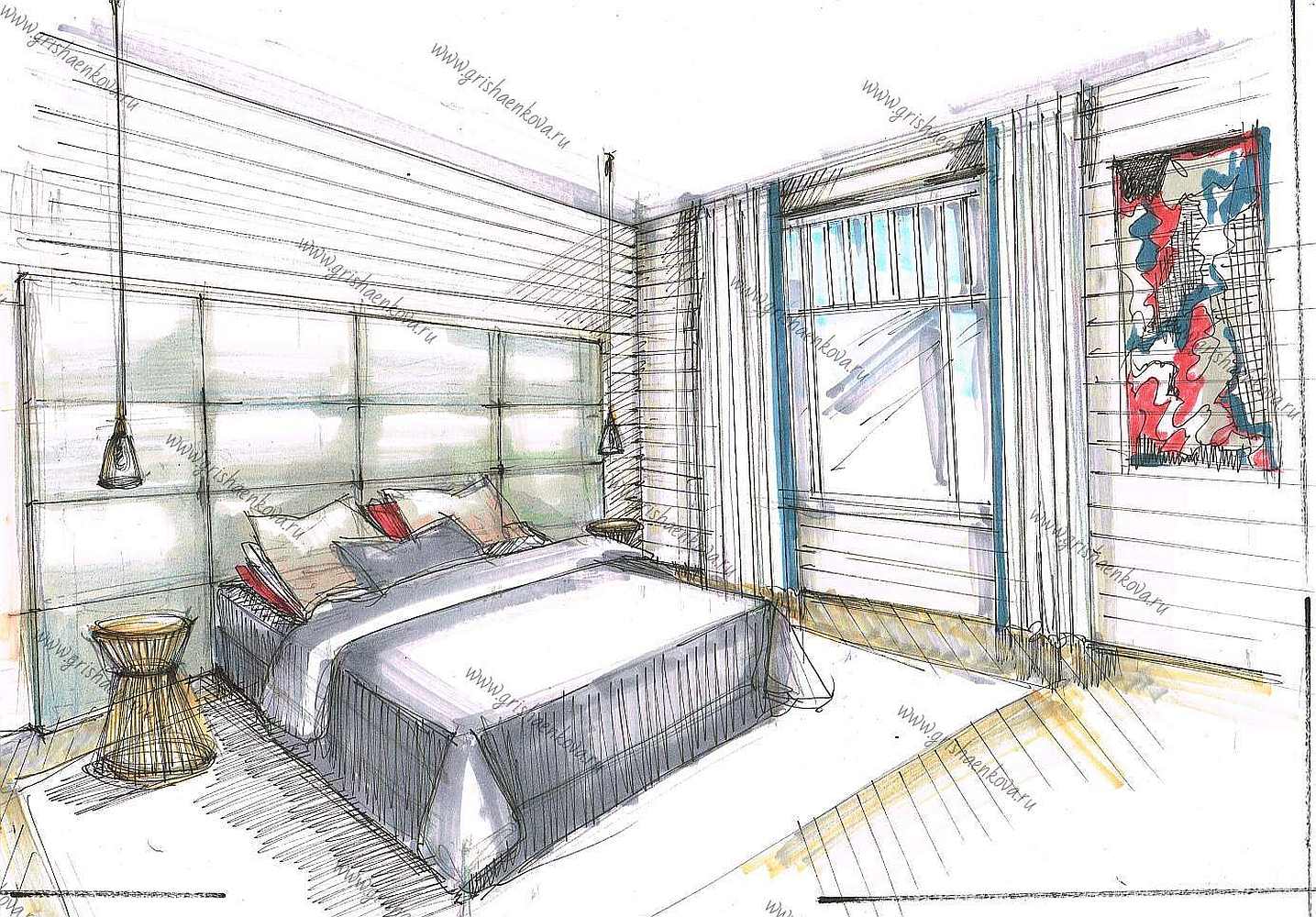 современный дизайн интерьера спальни в загородном доме